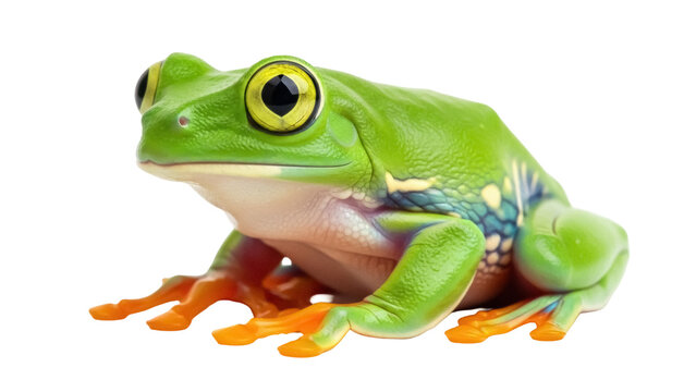 Green tree frog isolated PNG on transparent background, vibrant amphibian with orange feet for nature and wildlife designs
