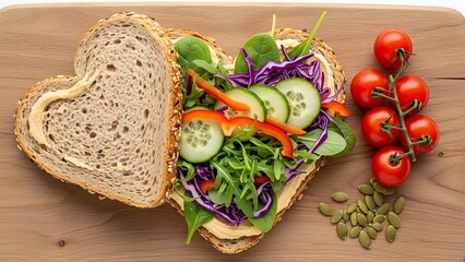 Heart shaped grilled sandwich served on plate, fresh vegetables, rustic background, natural light, healthy homemade food photography