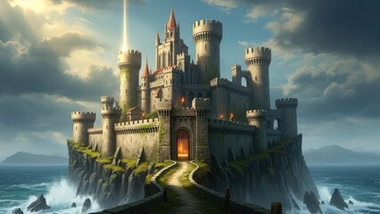 Majestic fantasy castle on a dramatic rocky island in a stormy sea, ancient fortress with glowing entrance under an epic sky.