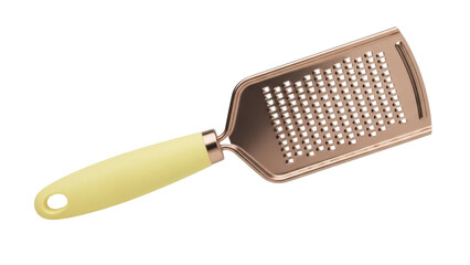 Metal grater with yellow handle isolated PNG, kitchen utensil for grating cheese and vegetables on transparent background