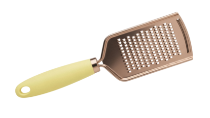 Metal grater with yellow handle isolated PNG, kitchen utensil for grating cheese and vegetables on transparent background