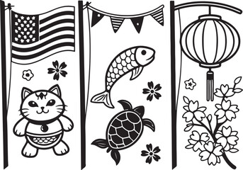 Multicultural Panel Illustration Featuring American Flag, Japanese Symbols, and Chinese Lantern in Black and White Design