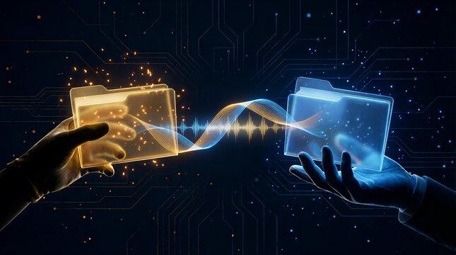 Digital Data Transfer Between Two Hands Holding Glowing Folders in a Futuristic Network. - Powered by Adobe