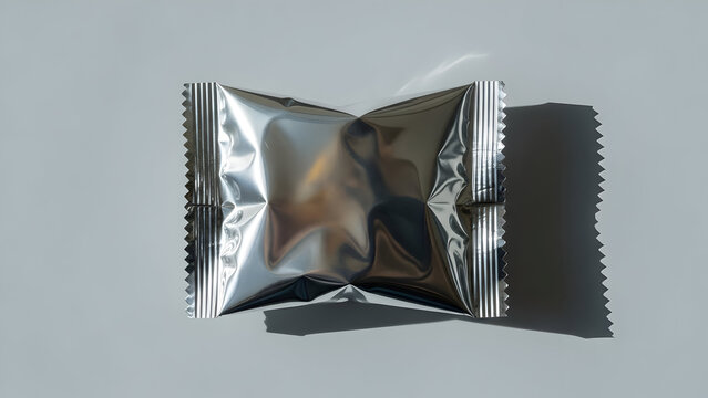 Crushed silver foil snack packaging with serrated edges and shadow