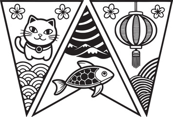Asian Cultural Panels Featuring Lucky Cat, Koi Fish, Lantern, Cherry Blossoms, and Wave Motifs in Monochrome