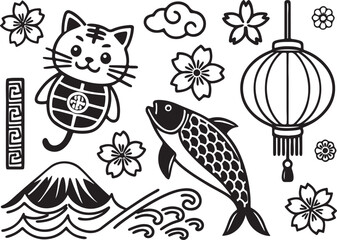 East Asian Cultural Illustration Featuring Koi Fish, Lucky Cat, Lantern, Cherry Blossoms, and Mount Fuji Motifs