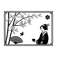 Japanese Silhouette Illustration Featuring Kimono Woman, Cherry Blossoms, Fan, Butterfly, and Decorative Nature Motifs