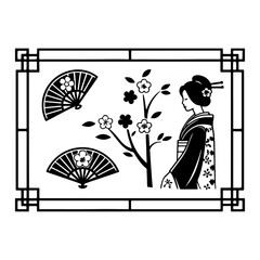 Japanese Silhouette Art Featuring Kimono Woman, Cherry Tree, Fans, Floral Motifs, and Decorative Frame Design