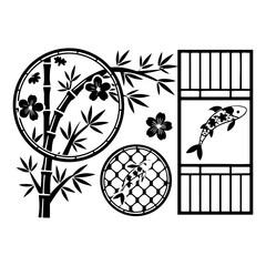 Japanese Silhouette Art Featuring Koi Fish, Bamboo, Cherry Blossoms, and Traditional Frames in Black and White