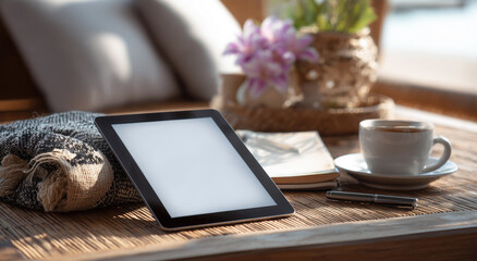 Close up of tablet mockup with blank screen, coffee cup, and notebook on wooden table in sunlit cozy room for slow living and productive home office concept.