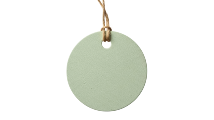 Round pale green tag isolated PNG on transparent background, blank paper label with string for price or gift, craft element