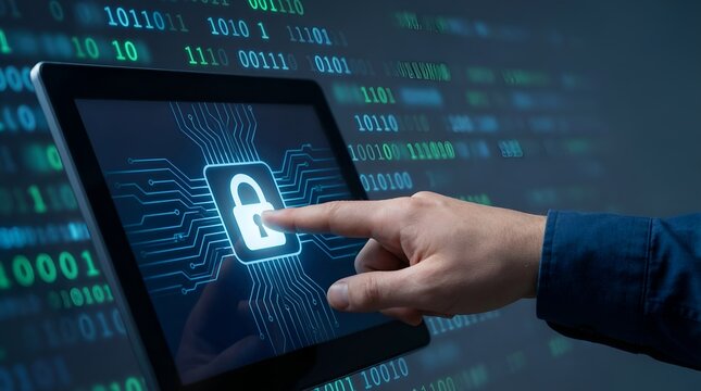 Digital Security Concept with Hand Touching Padlock Icon on Tablet Screen. - Powered by Adobe