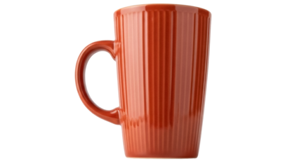 Orange ceramic mug isolated PNG, ribbed texture coffee cup for hot beverages and kitchenware design, on transparent background