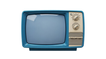 Retro blue television set isolated PNG, vintage TV with knobs and screen on transparent background, old-fashioned entertainment appliance