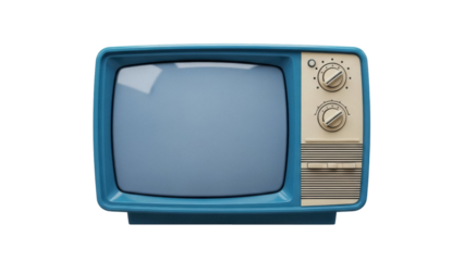 Retro blue television set isolated PNG, vintage TV with knobs and screen on transparent background, old-fashioned entertainment appliance