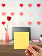 Obraz premium Blank Yellow Note Paper Mockup Held by Hand in Modern Home Office with Red Roses and Festive Heart Decor