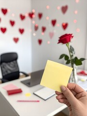 Obraz premium Close-up of Hand Holding Blank White Card in Front of Desktop Computer with Red Heart Decoration for Valentine's Day Office Concept