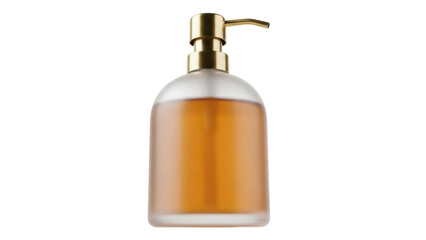Elegant frosted glass soap dispenser with gold pump isolated PNG, bathroom accessory for liquid soap or lotion on transparent background