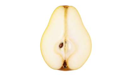 Half pear fruit PNG isolated on transparent background, fresh yellow pear cut in half with seeds, healthy eating and fruitarian diet