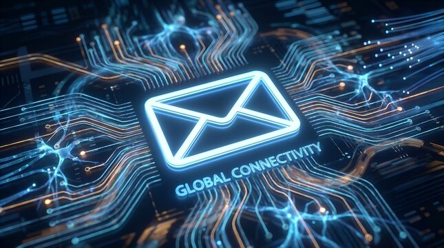 Global Connectivity Email Icon on Digital Circuit Board Network. - Powered by Adobe