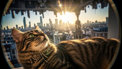 Tabby cat curiously looking up at a beautiful sunset over an inverted city skyline through a unique fisheye lens view