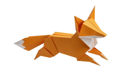 Orange origami fox isolated PNG on transparent background, paper animal art for decoration and creative projects