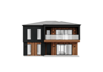 a hyper-realistic, two-story contemporary house featuring matte black siding and dark stained wood paneling, isolated against a transparent studio background. concept of upscale architectural design