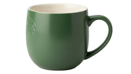 Green ceramic mug with embossed leaf design isolated PNG, elegant coffee cup for tea or hot beverages on transparent background