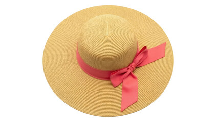 Elegant straw sun hat with pink ribbon isolated PNG, stylish summer headwear for women on transparent background, fashion accessory
