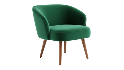 Elegant green velvet armchair isolated PNG, modern tub chair with wooden legs on transparent background
