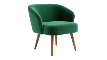 Elegant green velvet armchair isolated PNG, modern tub chair with wooden legs on transparent background