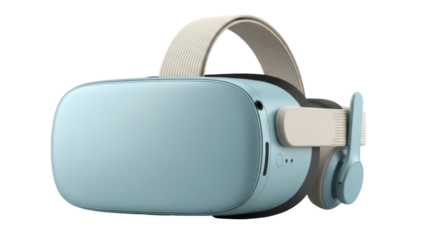 Light blue VR headset PNG isolated on transparent background, virtual reality glasses for gaming and metaverse experience