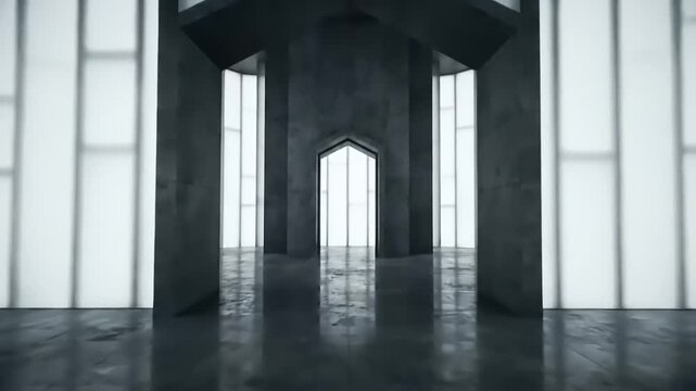 Minimalist Architectural Hallway with Dramatic Lighting and Reflections.