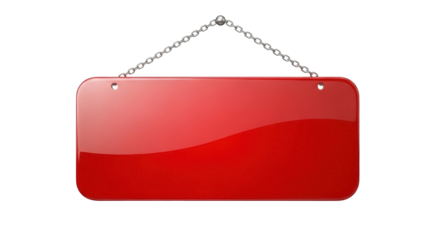 Red glossy sign board isolated PNG, hanging on silver chain for shop or restaurant opening and advertising message