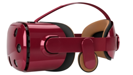 Red VR headset PNG isolated on transparent background, virtual reality glasses for gaming and immersive experiences