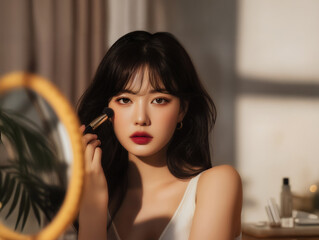 Natural beauty portrait of Asian young woman applying makeup in soft daylight