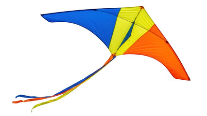 Colorful delta kite PNG isolated on transparent background, blue yellow and orange kite for summer fun and outdoor activities