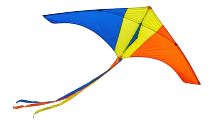 Colorful delta kite PNG isolated on transparent background, blue yellow and orange kite for summer fun and outdoor activities
