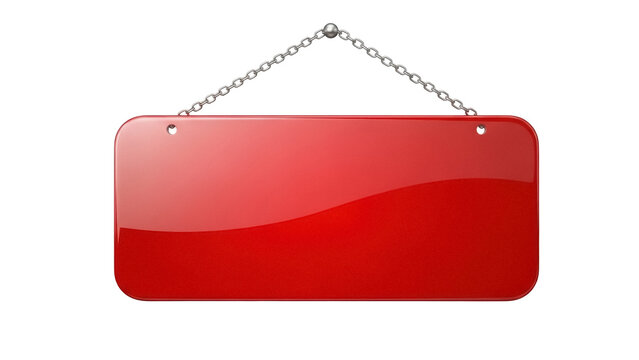 Red glossy sign board isolated PNG, hanging on silver chain for shop or restaurant opening and advertising message