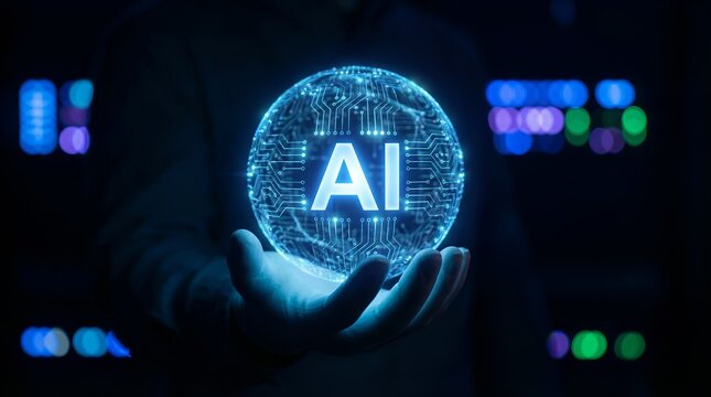 Hand holding a glowing AI sphere representing artificial intelligence and technological advancement. - Powered by Adobe