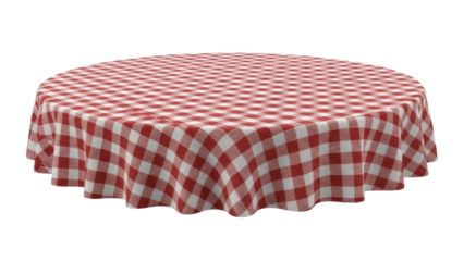 Red and white checkered round tablecloth PNG isolated on transparent background, classic picnic fabric for dining and decoration