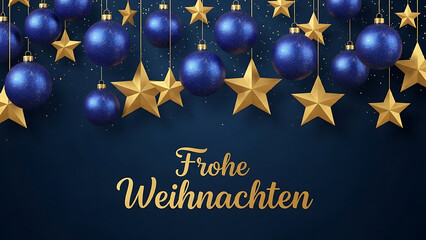 Festive christmas background with blue and gold decorations and frohe weihnachten text