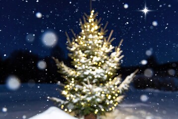 Obraz premium Christmas tree covered in snow and warm lights with a bright star at night