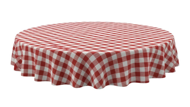 Red and white checkered round tablecloth PNG isolated on transparent background, classic picnic fabric for dining and decoration