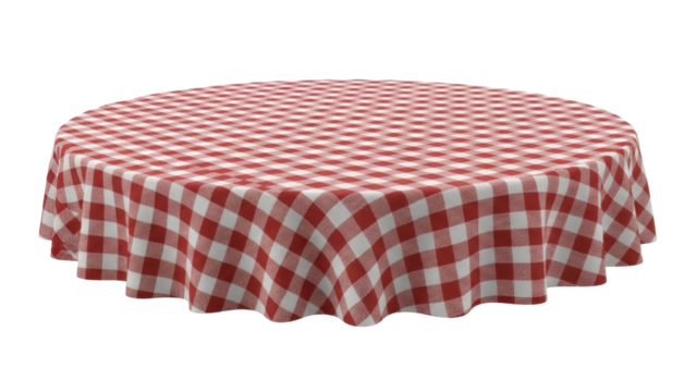 Red and white checkered round tablecloth PNG isolated on transparent background, classic picnic fabric for dining and decoration - Powered by Adobe