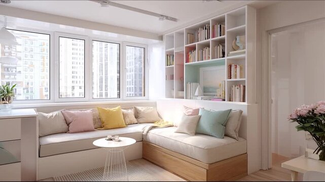 Modern bright living room interior design with cozy corner sofa bookshelves and large windows overlooking city buildings