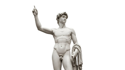 Statue of a nude man pointing upwards isolated PNG on transparent background, classical sculpture for art history and design projects