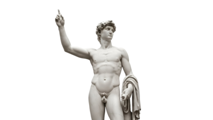 Statue of a nude man pointing upwards isolated PNG on transparent background, classical sculpture for art history and design projects