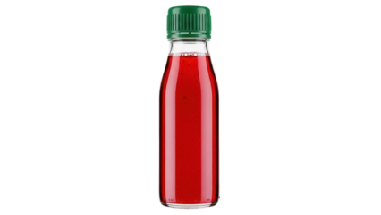 Red liquid in a glass bottle with green cap isolated PNG, refreshing drink on transparent background for product mockups and design projects