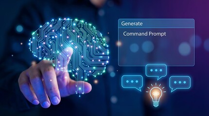 Human hand interacting with AI brain and prompt generation interface.